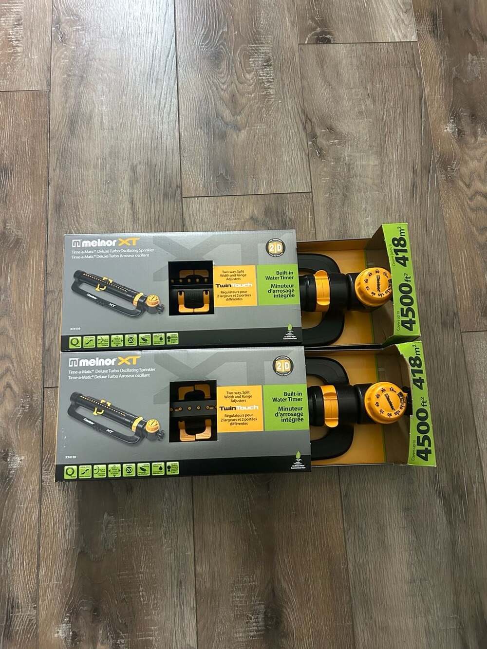Lot of 2 Melnor Oscillating Sprinklers 4500 sq ft Sled Base with Timers